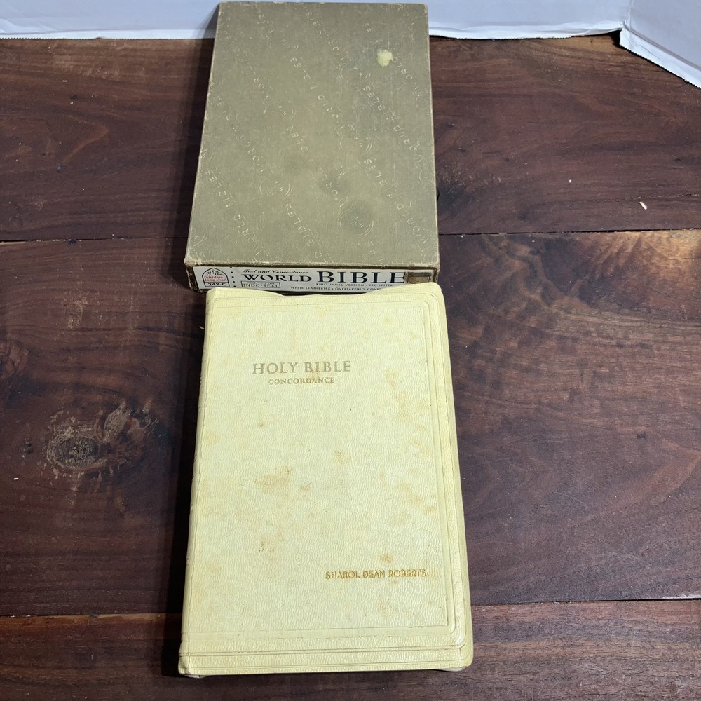 Vintage Holy Bible King James Version White Leathertex World Publishing Co Box